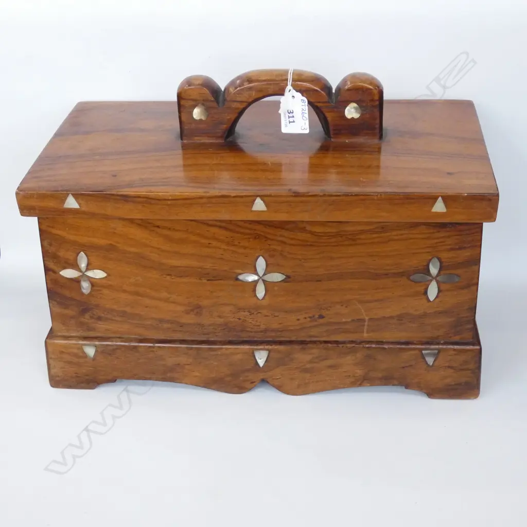 KAURI LIDDED BOX - HAND CARVED FROM 1 PC OF KAURI INLAID WITH MOP  380 x 215mm. Image 1++