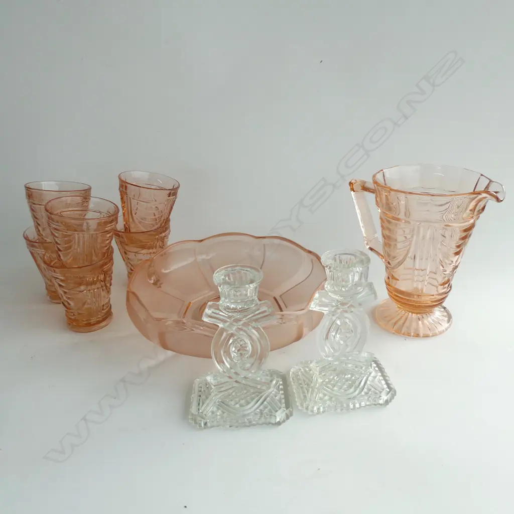 10 PCES DECO PRESSED GLASS; JUG & 6 CUPS, BOWL 255mm dia & PR CANDLESTICKS Image 1++