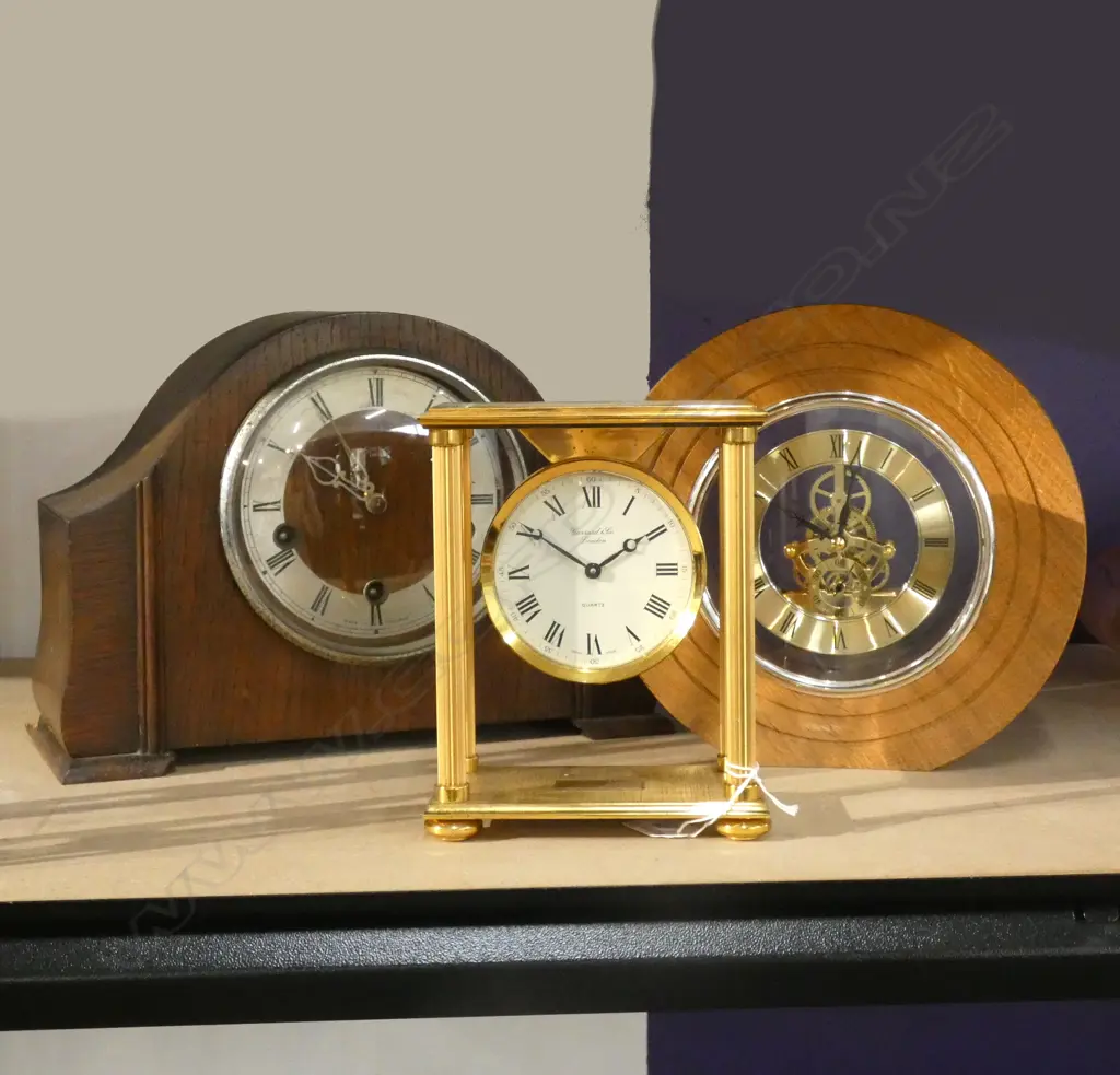 3 CLOCKS; GOLD GARRARD + 2 WOODEN CLOCKS Image 1++