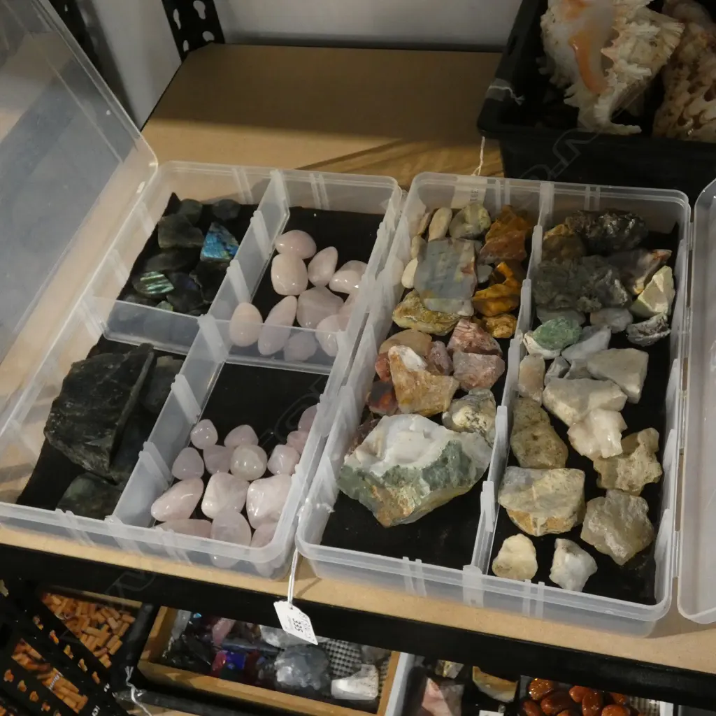 2 BOXES ASST GEMSTONES INCL POLISHED PINK QUARTZ / LABRADORITE ETC. Image 1++