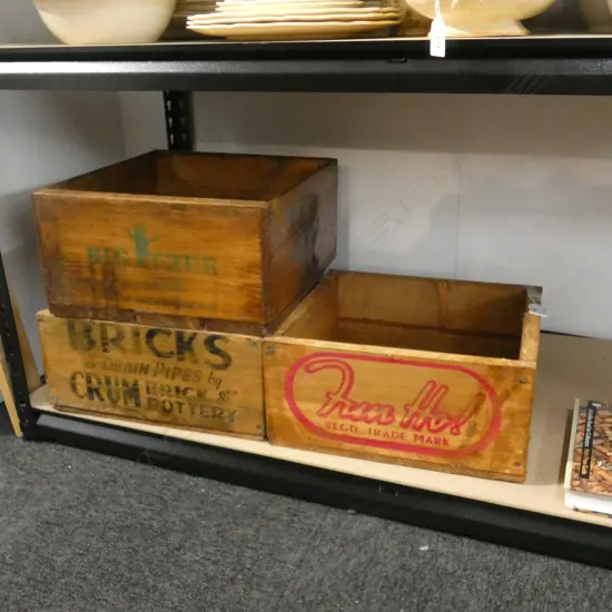 3 WOODEN ADVERTISING BOXES (LARGEST 370 x 345mm.)