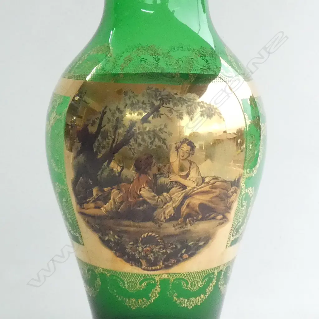 TALL ITALIAN GREEN GLASS VASE w GILT DECORATION. H.490mm Image 1++