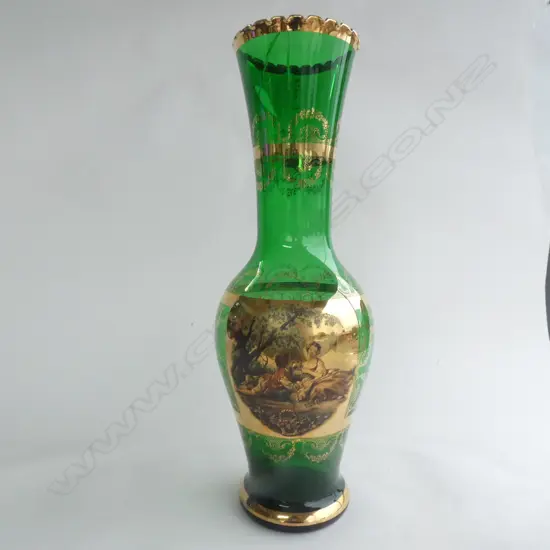 TALL ITALIAN GREEN GLASS VASE w GILT DECORATION. H.490mm