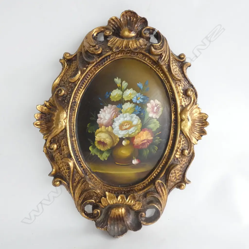 EUROPEAN STILL LIFE, DOMED OVAL, IN GILT FRAME. 370 x 290mm Image 1++