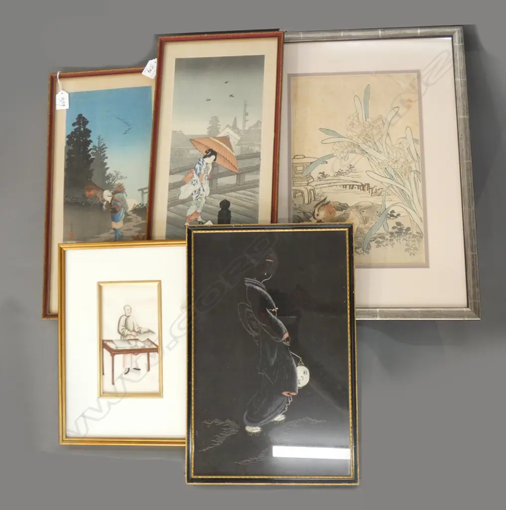 5 ORIENTAL ARTWORKS; RICE PAPER W/C 180 x 95mm, INK & W/C BIRDS, 335 x 220mm, EMBROIDERED FIGURE ON BLACK FABRIC, PR PRI Image 1++