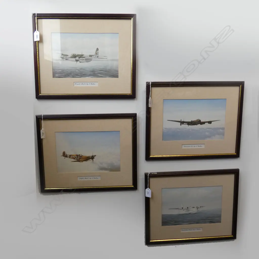 4 J. WALTON WAR PLANE PRINTS; SPITFIRE, LANCASTER, SUNDERLAND, MOSQUITO 160 x 250mm Image 1++