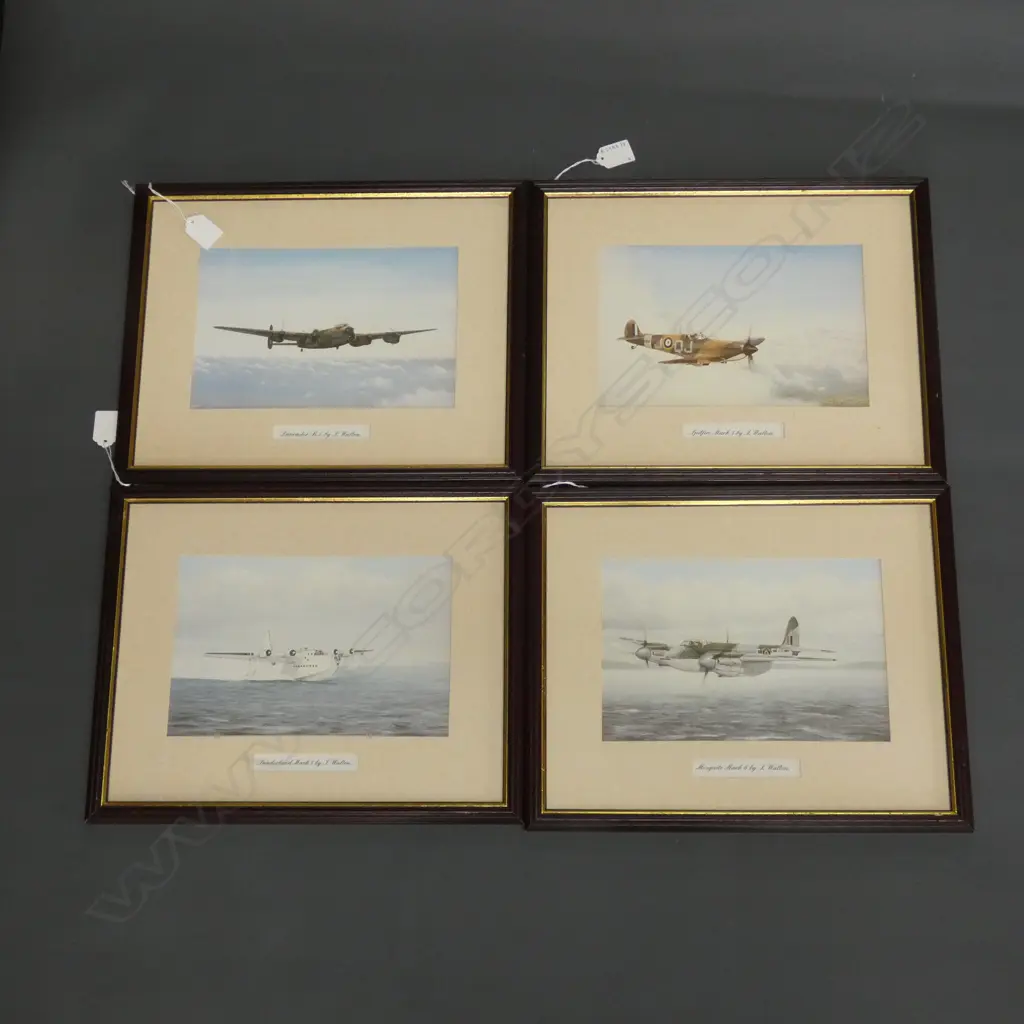 4 J. WALTON WAR PLANE PRINTS; SPITFIRE, LANCASTER, SUNDERLAND, MOSQUITO 160 x 250mm Image 1++