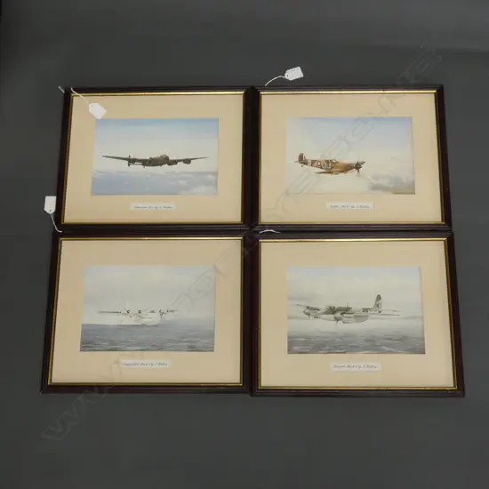 4 J. WALTON WAR PLANE PRINTS; SPITFIRE, LANCASTER, SUNDERLAND, MOSQUITO 160 x 250mm