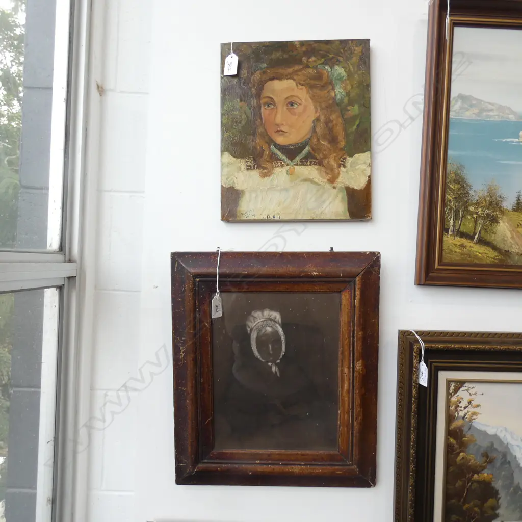 2 ANTIQUE ARTWORKS; GIRL OIL 1914 305 x 255mm + VICTORIAN WOMAN PENCIL ON BROWN PAPER CHALK HIGHLIGHTS Image 1++