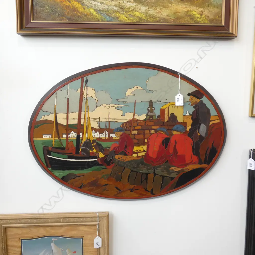 OLD PAINTED WOODEN SHIPPING PORT SCENE WALL HANGING 635 x 450mm. Image 1++