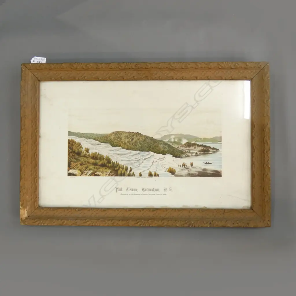 ORIGINAL FRAMED PINK TERRACE ROTOMAHANA LITHOGRAPH 1889 165 x 370mm Image 1++