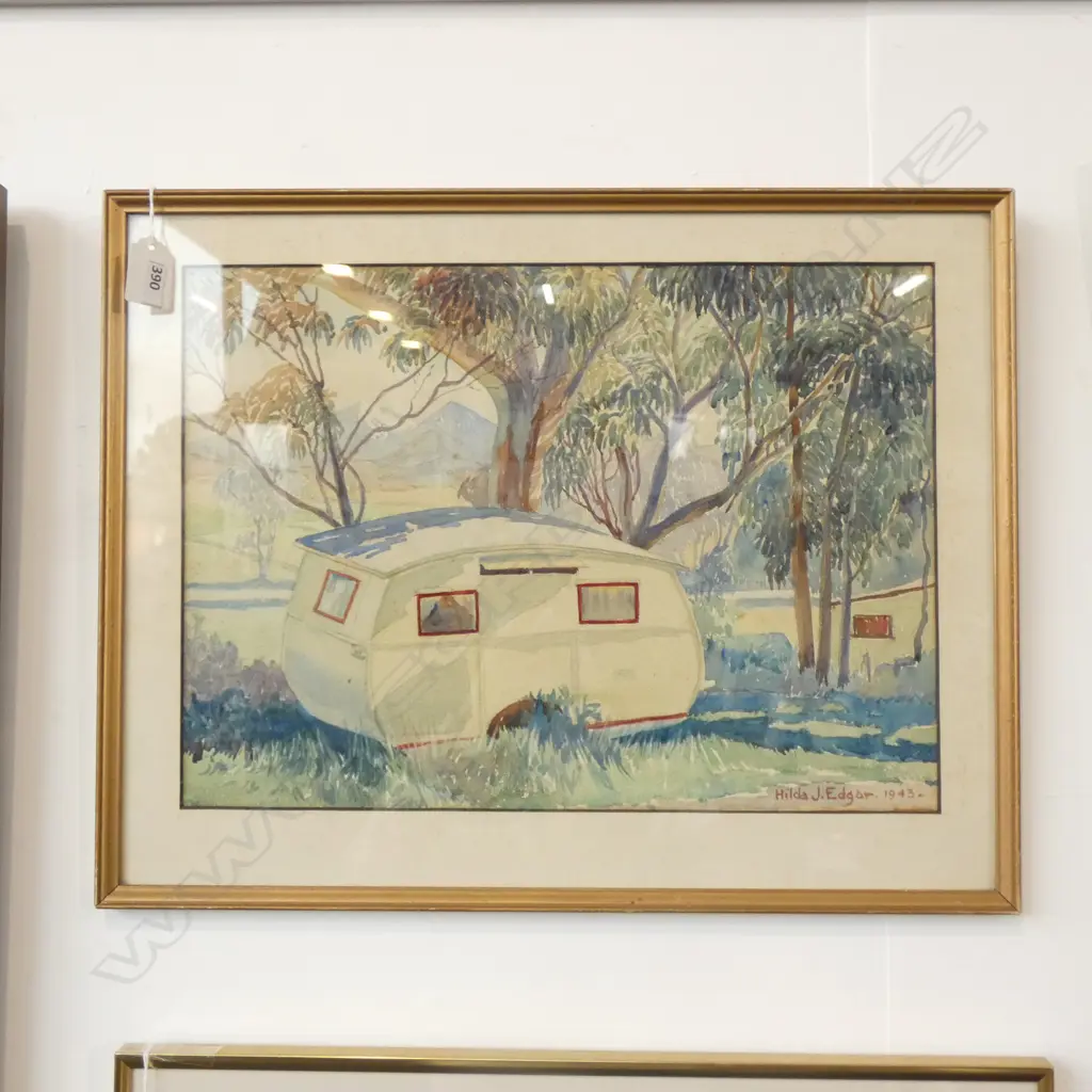HILDA EDGAR WATERCOLOUR OF CARAVAN, signed and dated 1943. 280 x 390mm Image 1++
