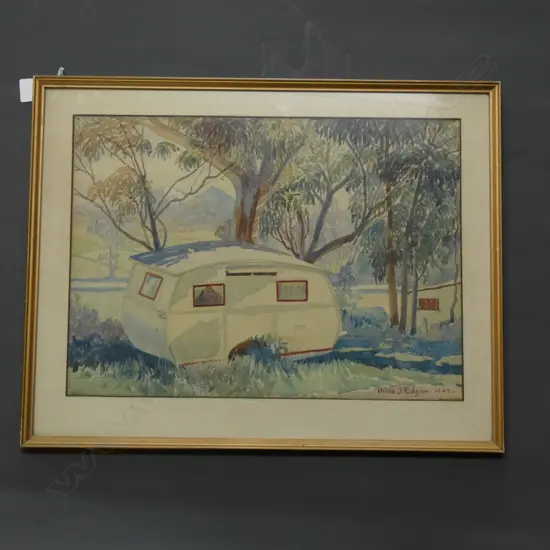 HILDA EDGAR WATERCOLOUR OF CARAVAN, signed and dated 1943. 280 x 390mm