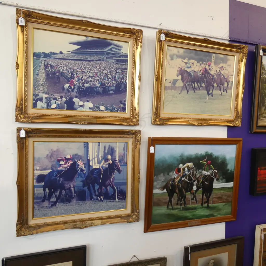 4 ARTWORKS; SIGNED OIL OF 1990 MELBOURNE CUP RACEHORSE 495 x 595mm + 3 PRINTS Image 1++