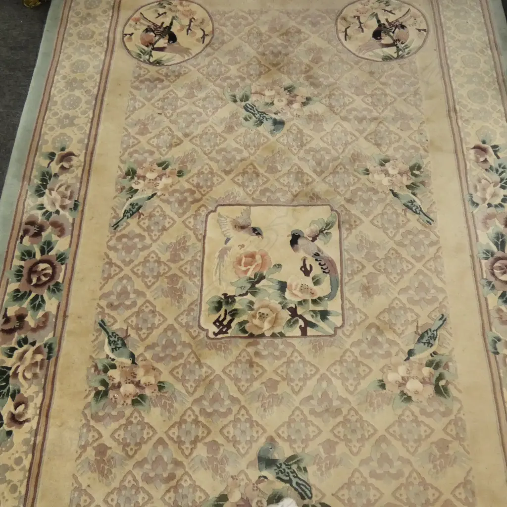 LGE LIGHT BLUE BIRD & FLORAL DESIGN RUG 2660 x 1530mm SOME STAINS Image 1++