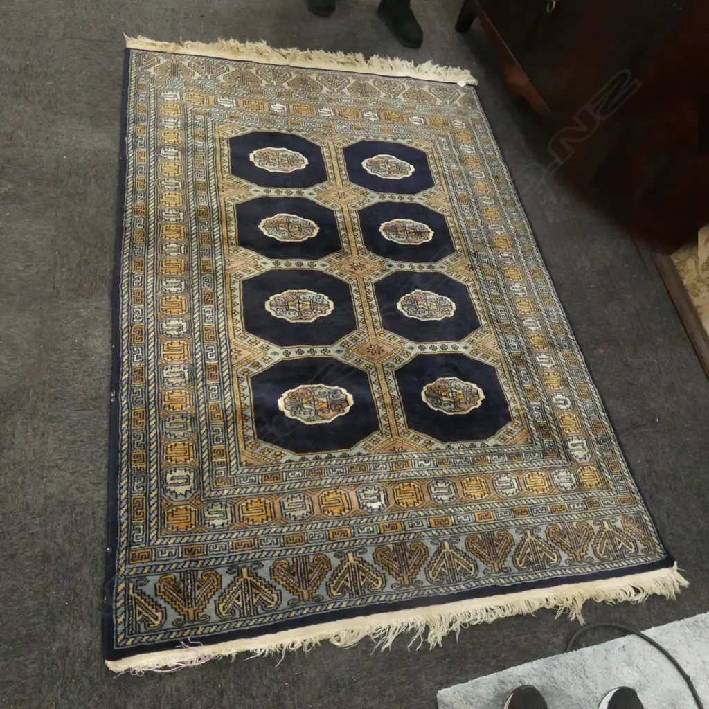 HAND KNOTTED WOOL PILE BLUE RUG 1950 x 1250mm SHOWING WEAR Image 1++