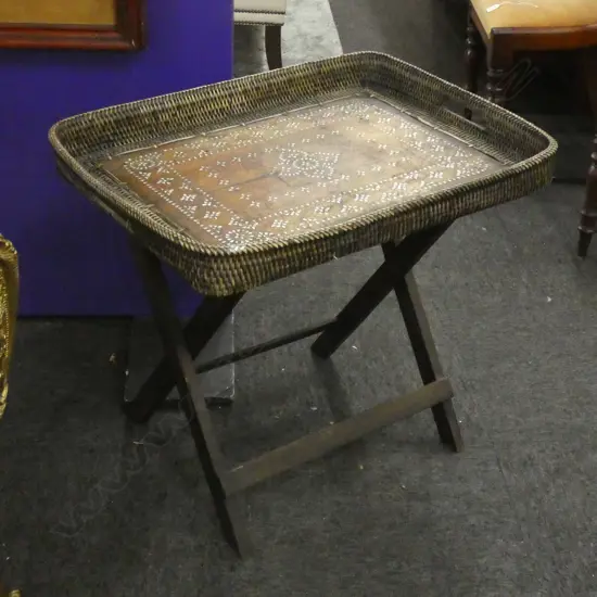 CANE & WOODEN MOP INLAID FOLDING TRAY TABLE 665 x 540mm.