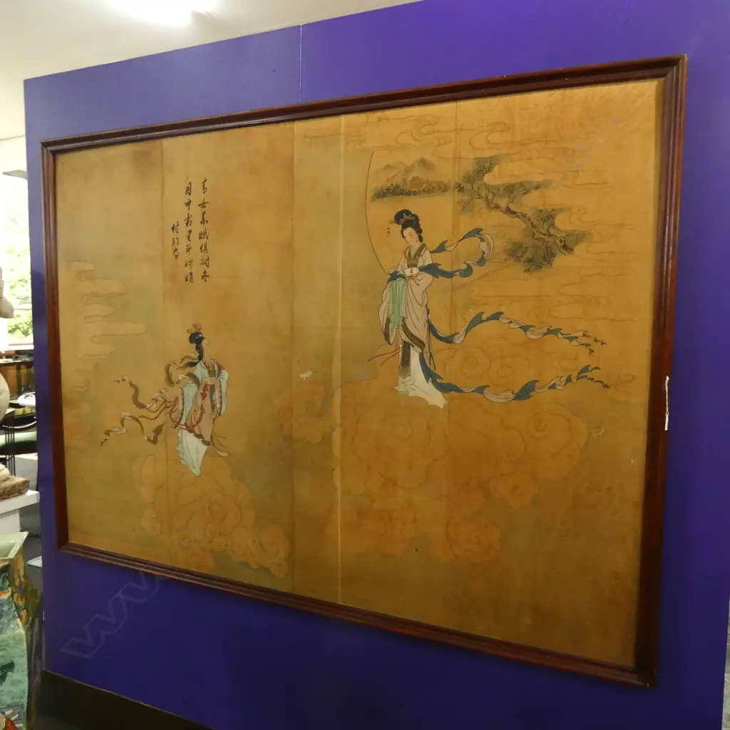 LGE FRAMED CHINESE ARTWORK,  PAPER ON BACKING BOARD, SOME DAMAGE TO FRAME, 2220 x 1450mm. Image 1++
