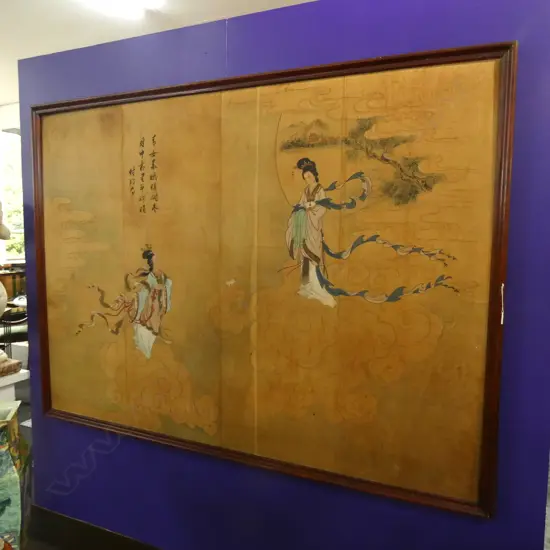 LGE FRAMED CHINESE ARTWORK,  PAPER ON BACKING BOARD, SOME DAMAGE TO FRAME, 2220 x 1450mm.
