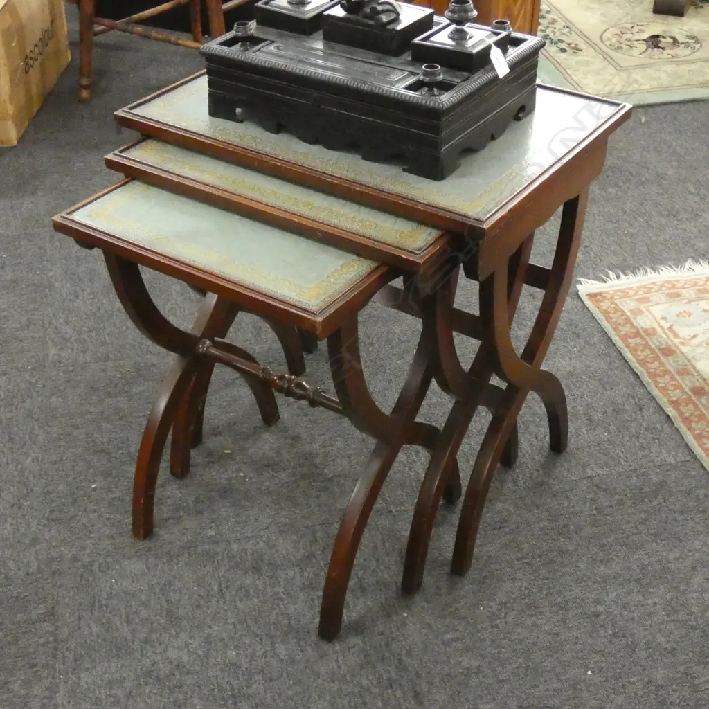 SET OF 3 NEST OF TABLES - WOODEN x BOW LEGS W GREEN LEATHER TOPS LARGEST 560X 400mm.T Image 1++
