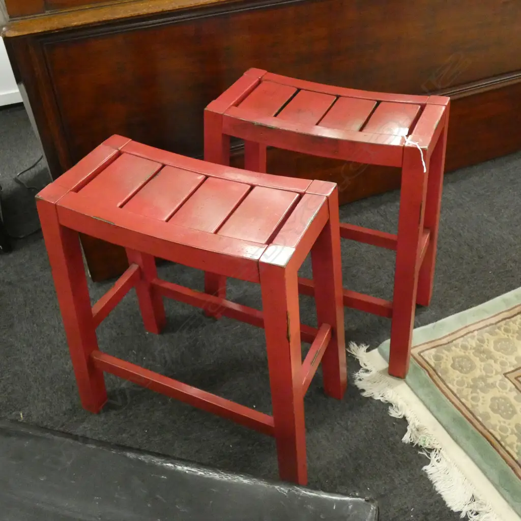 PR RED PAINTED ORIENTAL WOODEN STOOLS H 610mm. Image 1++