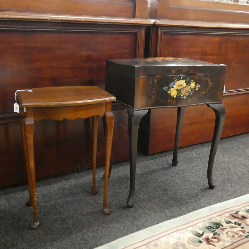 VINTAGE SEWING BOX w. PAINTED FLOWERS, SILK LINED + SIDE TABLE Image 1++