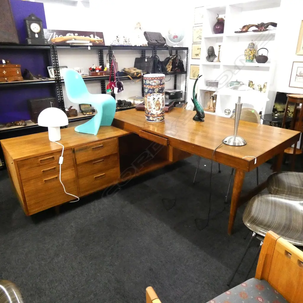 LARGE TEAK L-SHAPED EXECUTIVE DESK & RETURN CREDENZA Image 1++