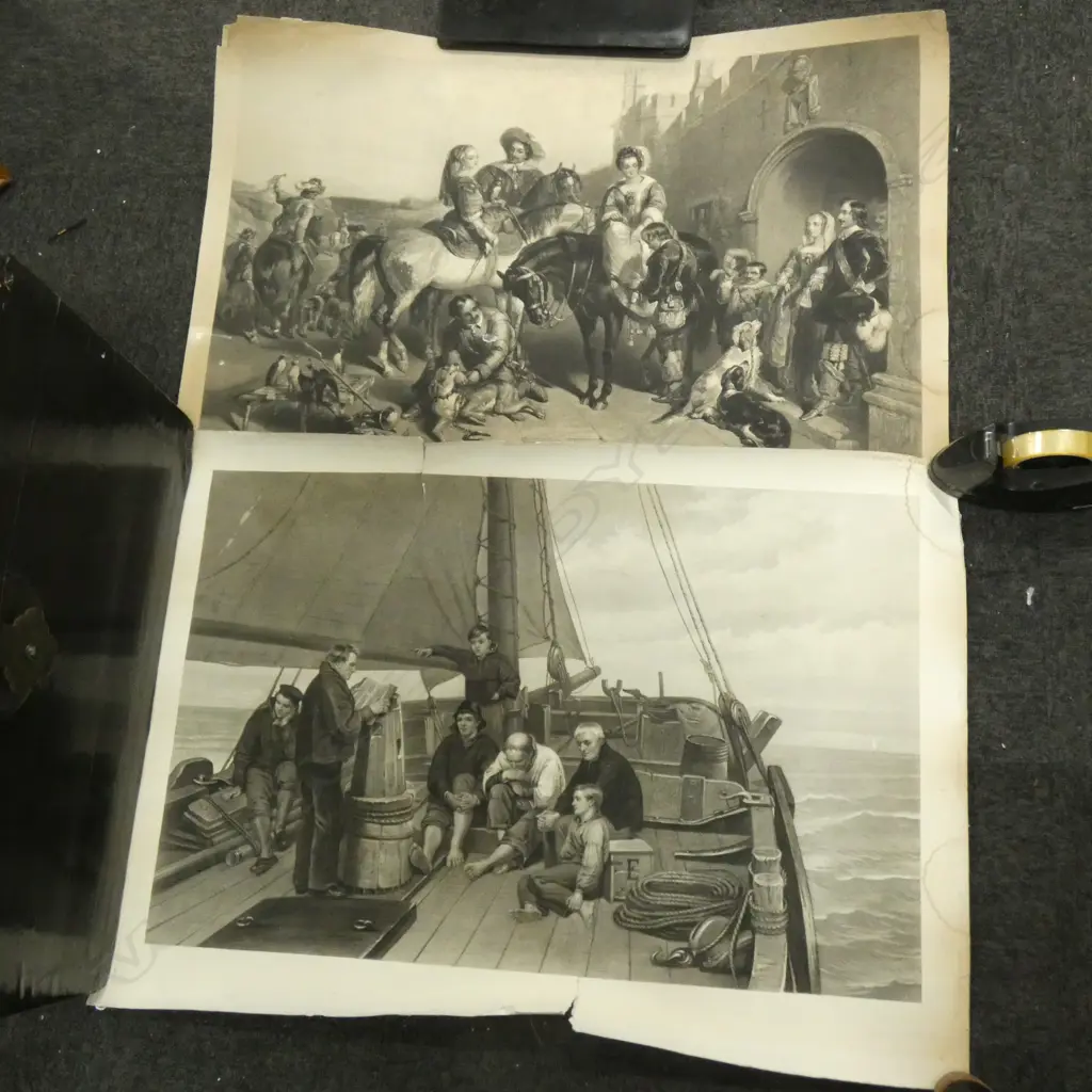 2 LARGE 19th ENGRAVINGS; MEN ON BOAT + NOBILITY ON HORSES Image 1++