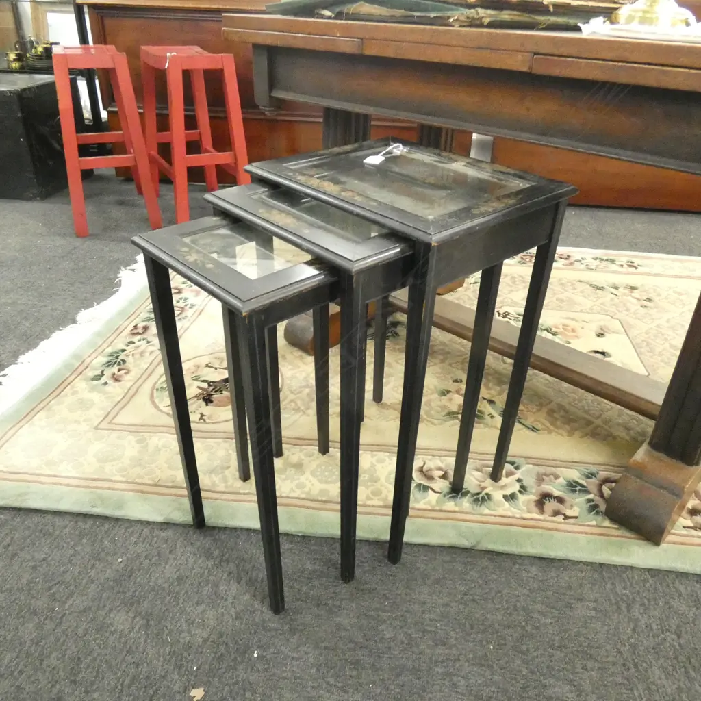 NEST OF 3 GRADUATED FLORAL PAINTED WOODEN GLASS TOP TABLES LARGEST  370 x 310mm. Image 1++