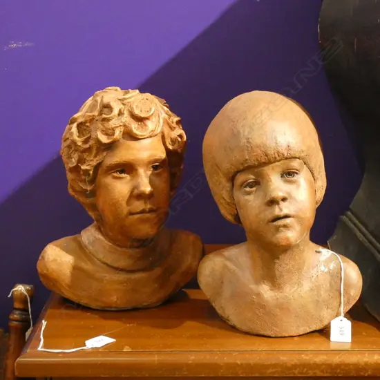 PR TERRACOTTA SCULPTURES; BUST OF BOY & GIRL H.300mm.