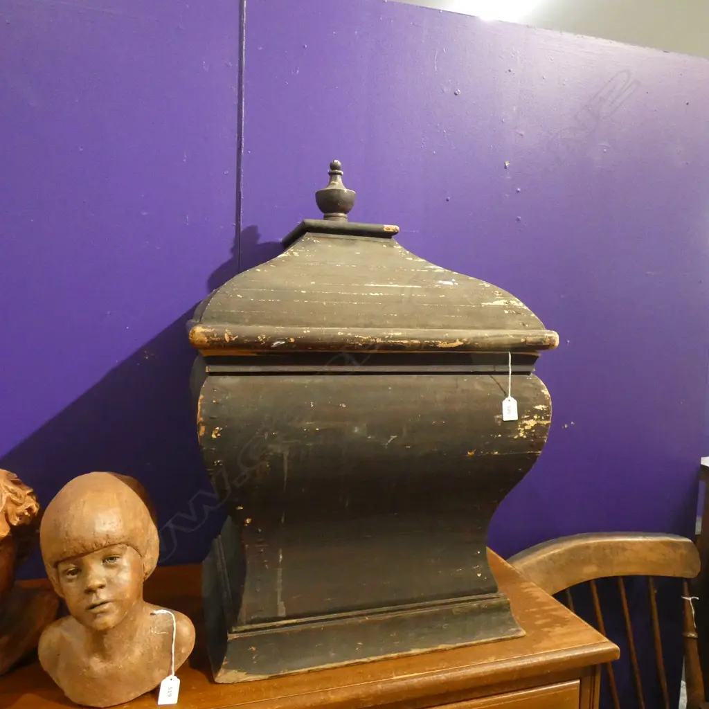 LGE PAINTED WOODEN BOX W TURRET SHAPED  LID 535 x 410 x 470mm.- SOME WEAR Image 1++
