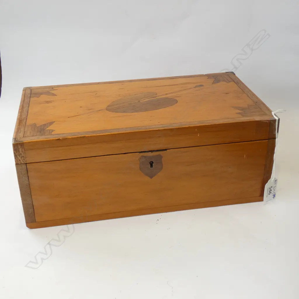 WOODEN BOX w. INLAY & PAINTED INSIDE LID, F. KAMLER SOMES ISLAND 1916 W.315mm Image 1++