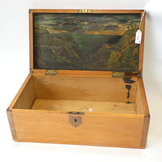WOODEN BOX w. INLAY & PAINTED INSIDE LID, F. KAMLER SOMES ISLAND 1916 W.315mm