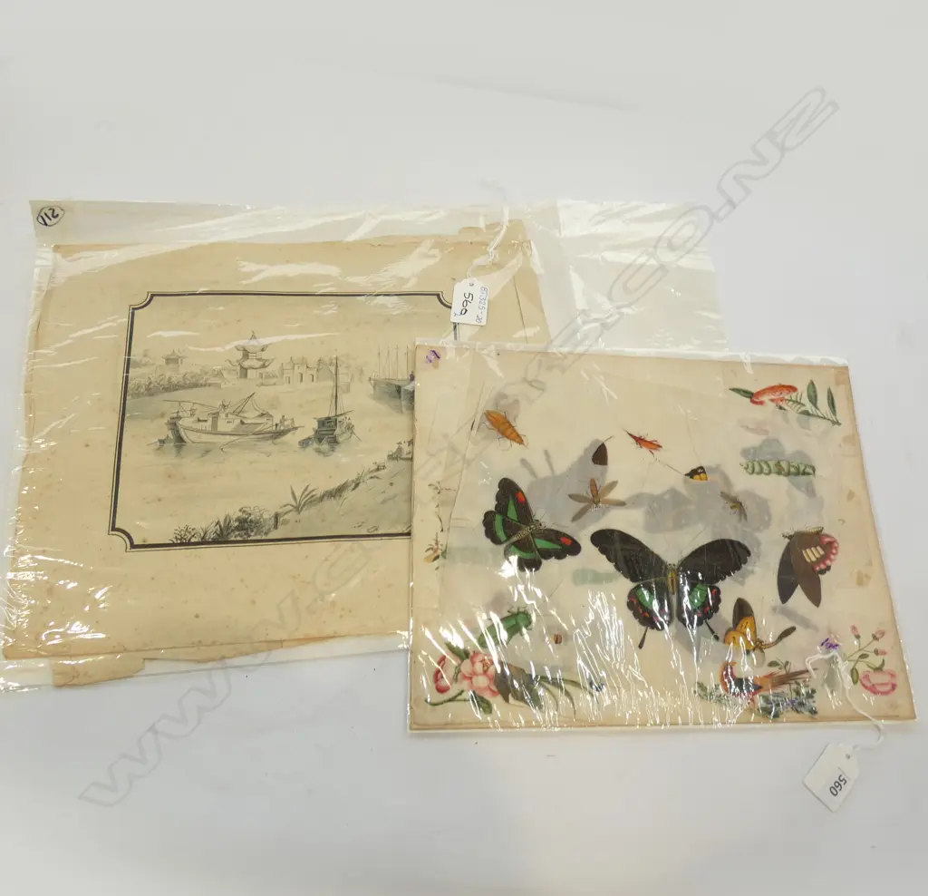 2 EARLY JAPANESE WATER COLOURS (165 x 210mm.) + OLD HAND PAINTED BUTTERFLIES ON RICE PAPER Image 1++