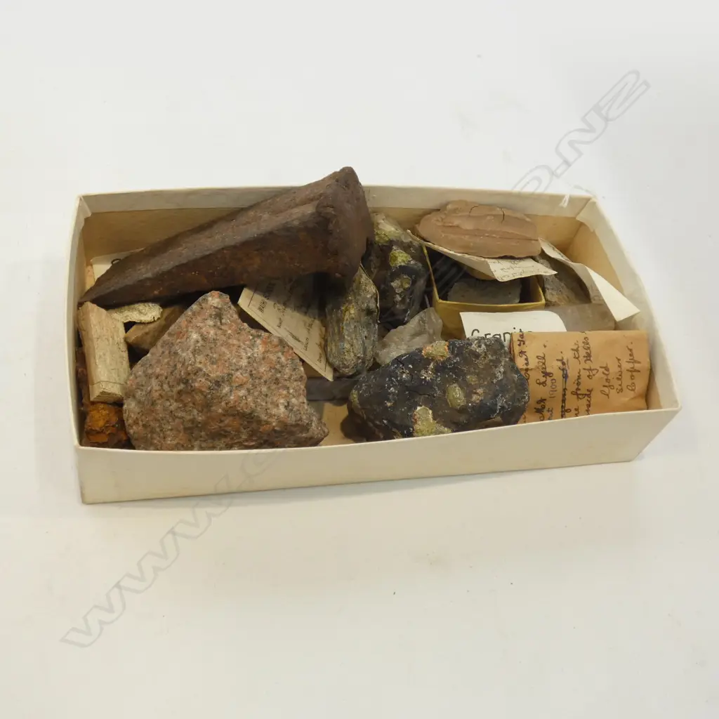 BOX OF SPECIMENS FROM WAIHEKE SCHOOL OF MINES; CRYSTAL, GRANITE ETC + OLD IRON AXEHEAD Image 1++
