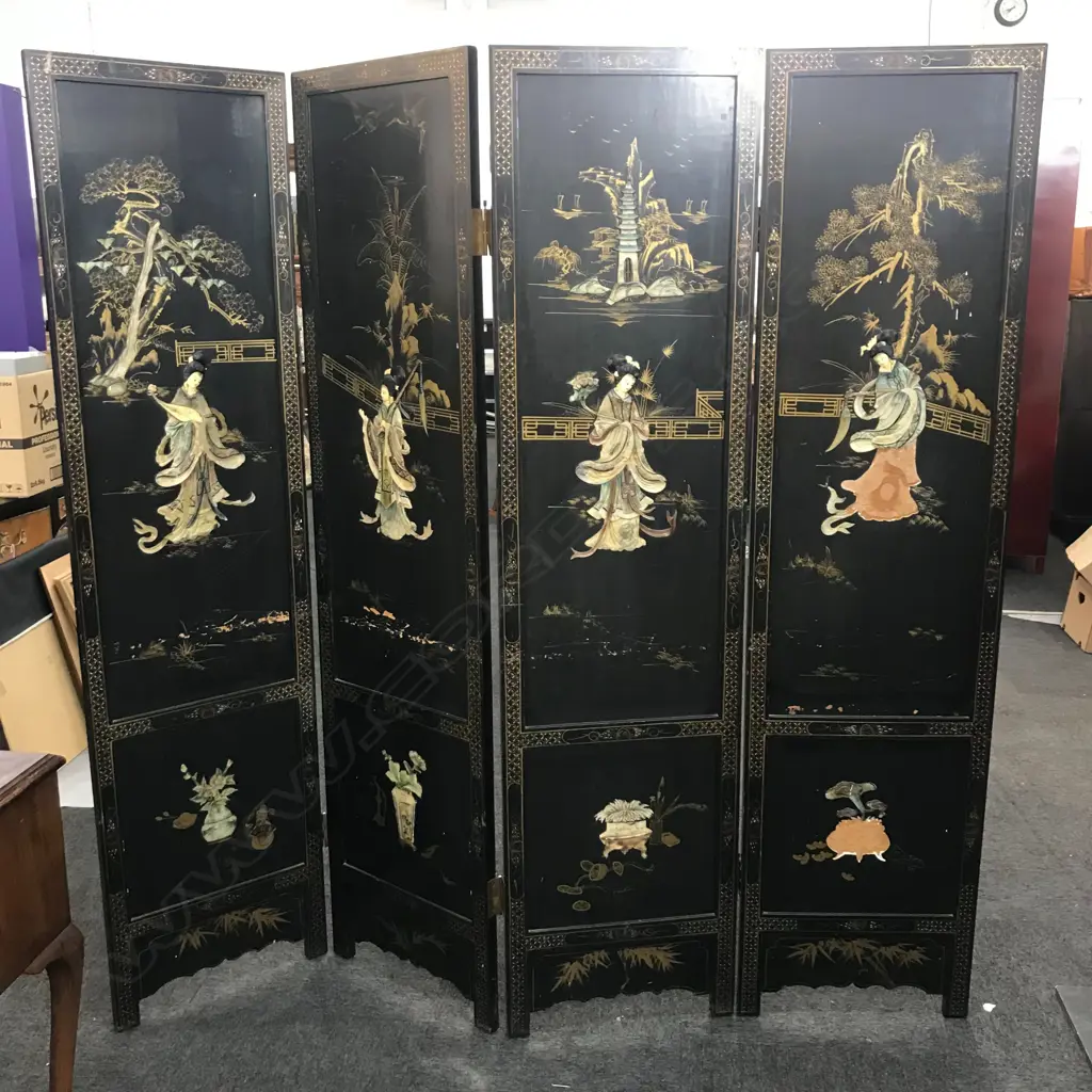 ORIENTAL DECORATED BLACK LACQUER 4 PANEL SCREEN EACH PANEL 460 x 1825mm. Image 1++