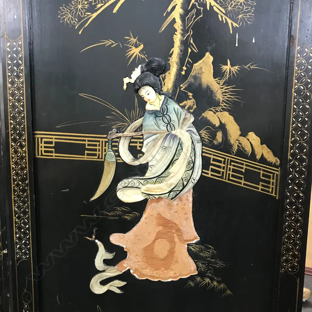 ORIENTAL DECORATED BLACK LACQUER 4 PANEL SCREEN EACH PANEL 460 x 1825mm. Image 1++