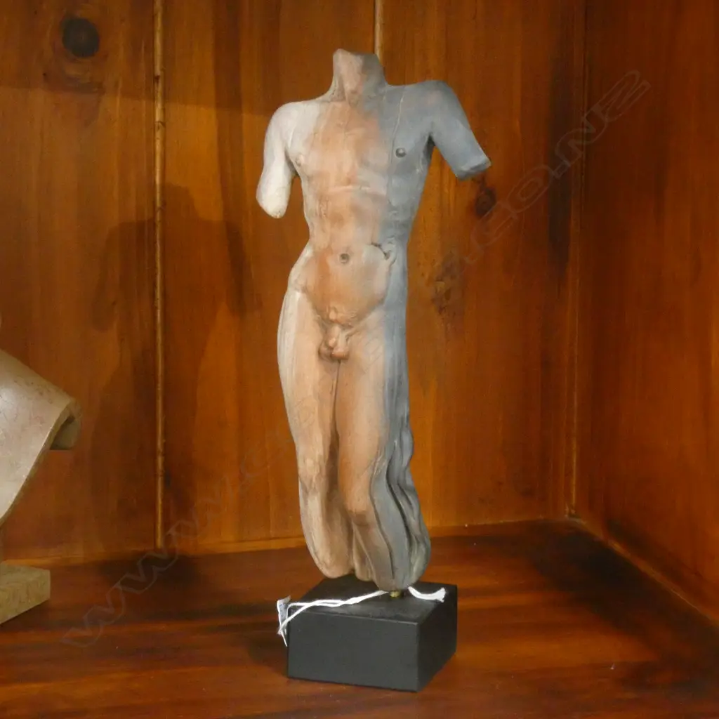 SIGNED POTTERY SCULPTURE -NAKED MALE ON WOODEN STAND H 260mm. Image 1++