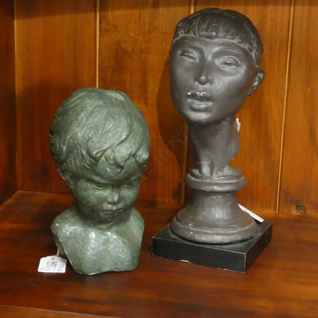 2 SCULPTURES; GREEN TON BORKUS BUST OF GIRL (H 170mm.) + METAL HEAD OF LADY (H 245mm.) A.F Image 1++