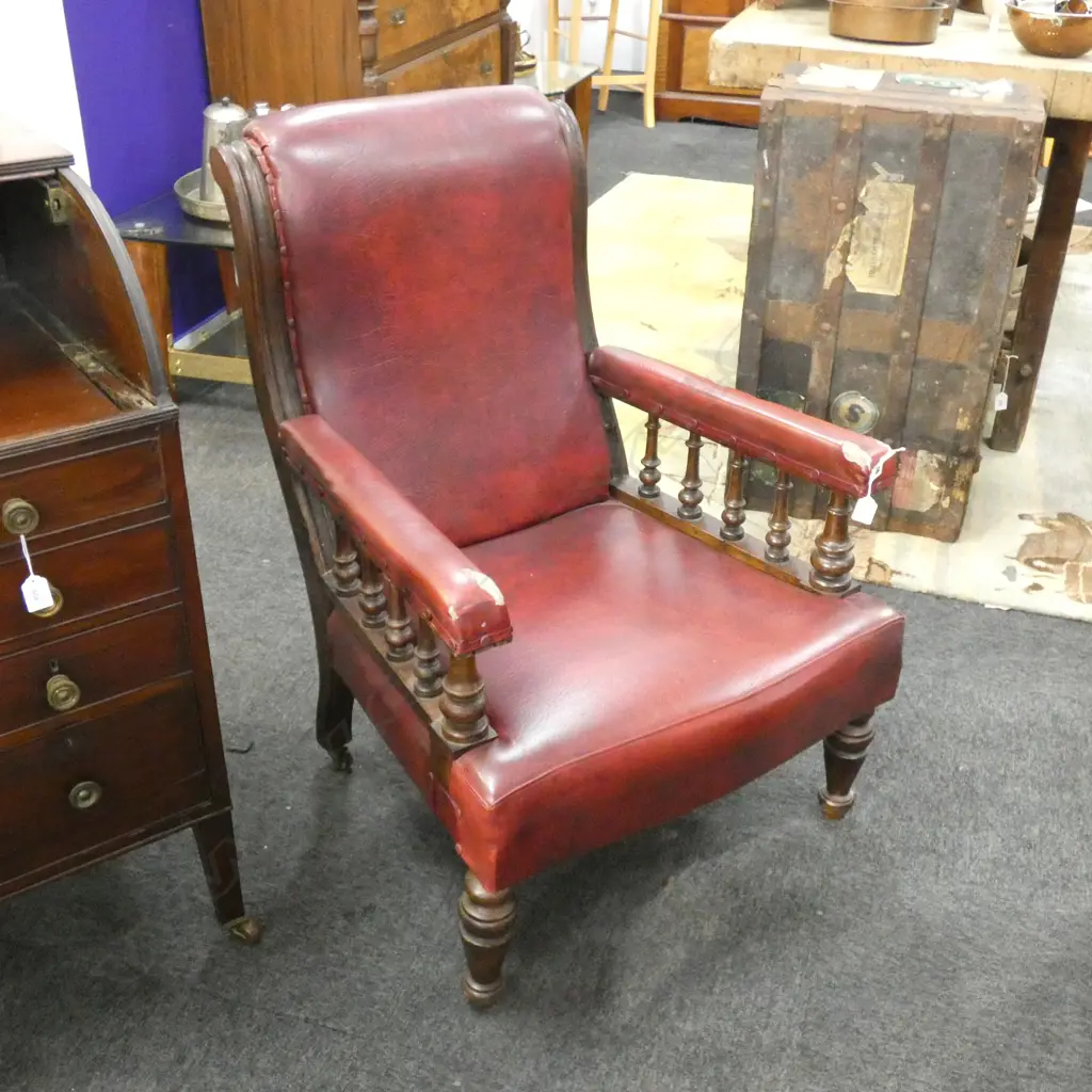 RED VINYL UPHOLSTERED GRAND FATHER CHAIR Image 1++
