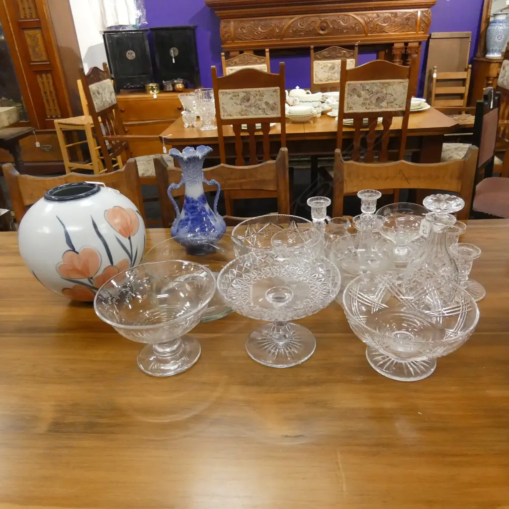 ASST. CRYSAL; BOWLS, COMPORTS, DECANTER AF + 2 CERAMIC VASES Image 1++