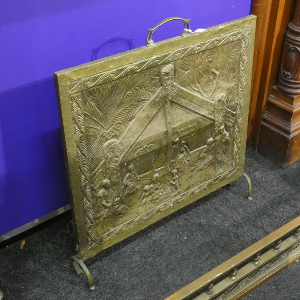 VINTAGE COPPER FIRESCREEN w. MAORI MARAE SCENE 760 x 740mm Image 1++