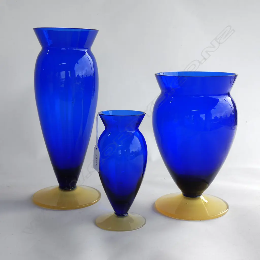 3 GRADUATED BLUE GLASS VASES Ex Sultan of Brunei Image 1++