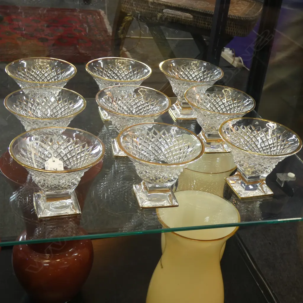 12 CORRE CRISTAL COUPES, GOLD RIMMED, ON SQUARE FOOT Ex Sultan of Brunei Image 1++