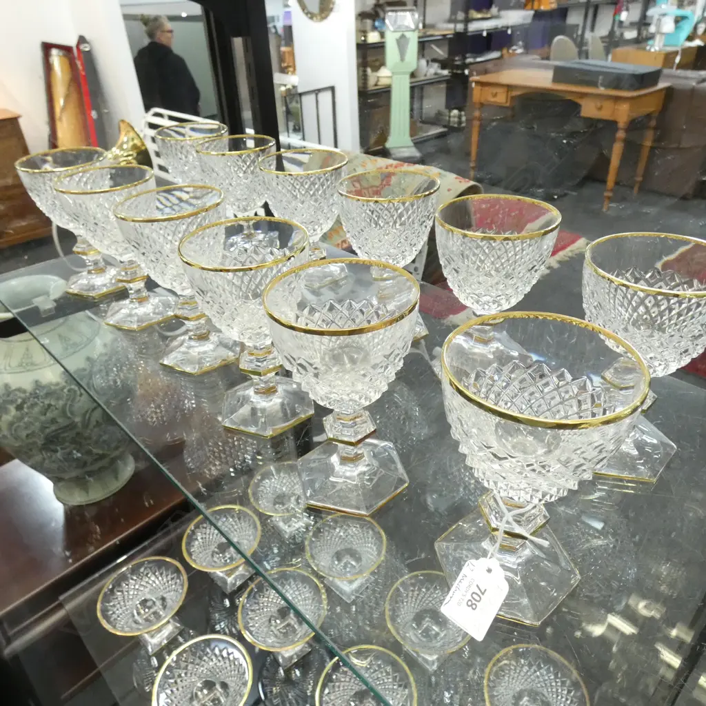 12 CORRE CRISTAL MEDIUM WINE GLASSES, GOLD RIMMED, ON HEXAGONAL KNOPPED STEMMS AND FOOT Ex Sultan of Brunei Image 1++