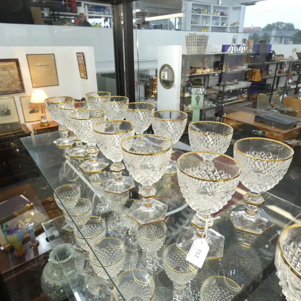 12 CORRE CRISTAL MEDIUM WINE GLASSES, GOLD RIMMED, ON HEXAGONAL KNOPPED STEMMS AND FOOT Ex Sultan of Brunei Image 1++