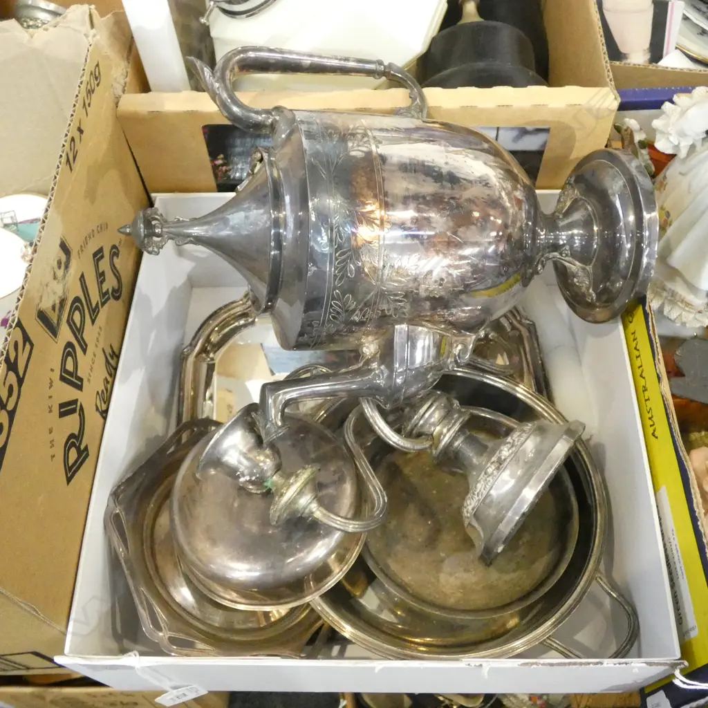 SM BOX ASST SILVER PLATE; CANDELABRA / COFFEE POT ETC. Image 1++