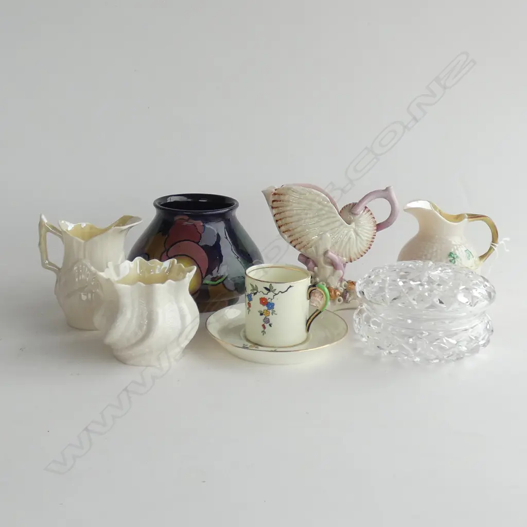 3 PCES BELLEEK, NAUTILUS VASE, C/S, CRYSTAL CONTAINER & ROYAL STANLEY WARE VASE Image 1++