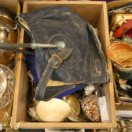 BOX LOT EP CUTLERY, FLYING CAP, SHELLS ETC