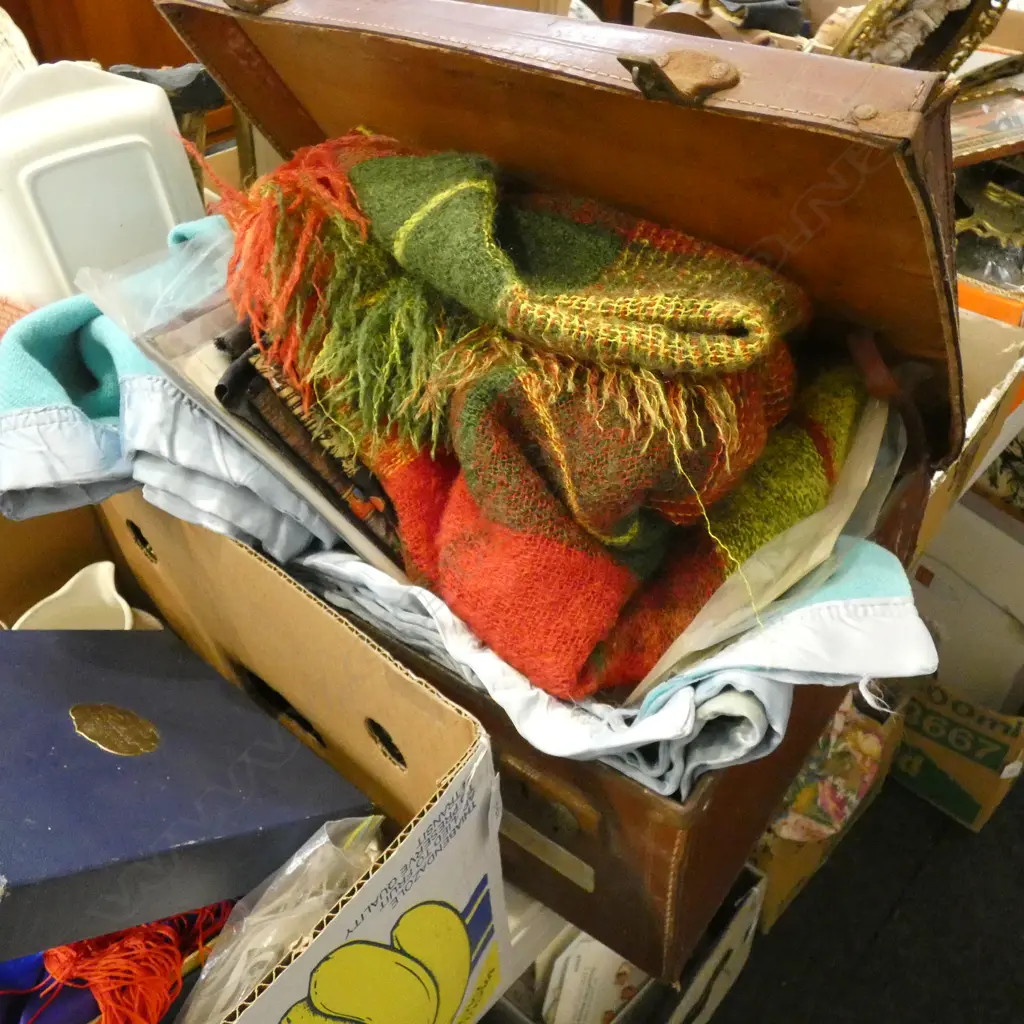 VINTAGE SUITCASE w. MOHAIR BLANKET, WOOL BLANKET, ASIAN FABRIC ETC Image 1++